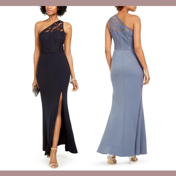 NWT‎ Adrianna Papell [ 18 ] One Shoulder Lace Formal Gown in Midnight Blue - Picture 1 of 12